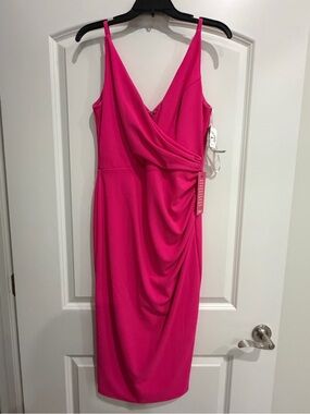 Betsy & Adam Spaghetti Strap Ruched Wrap Midi Dress - Hot Pink in size 8